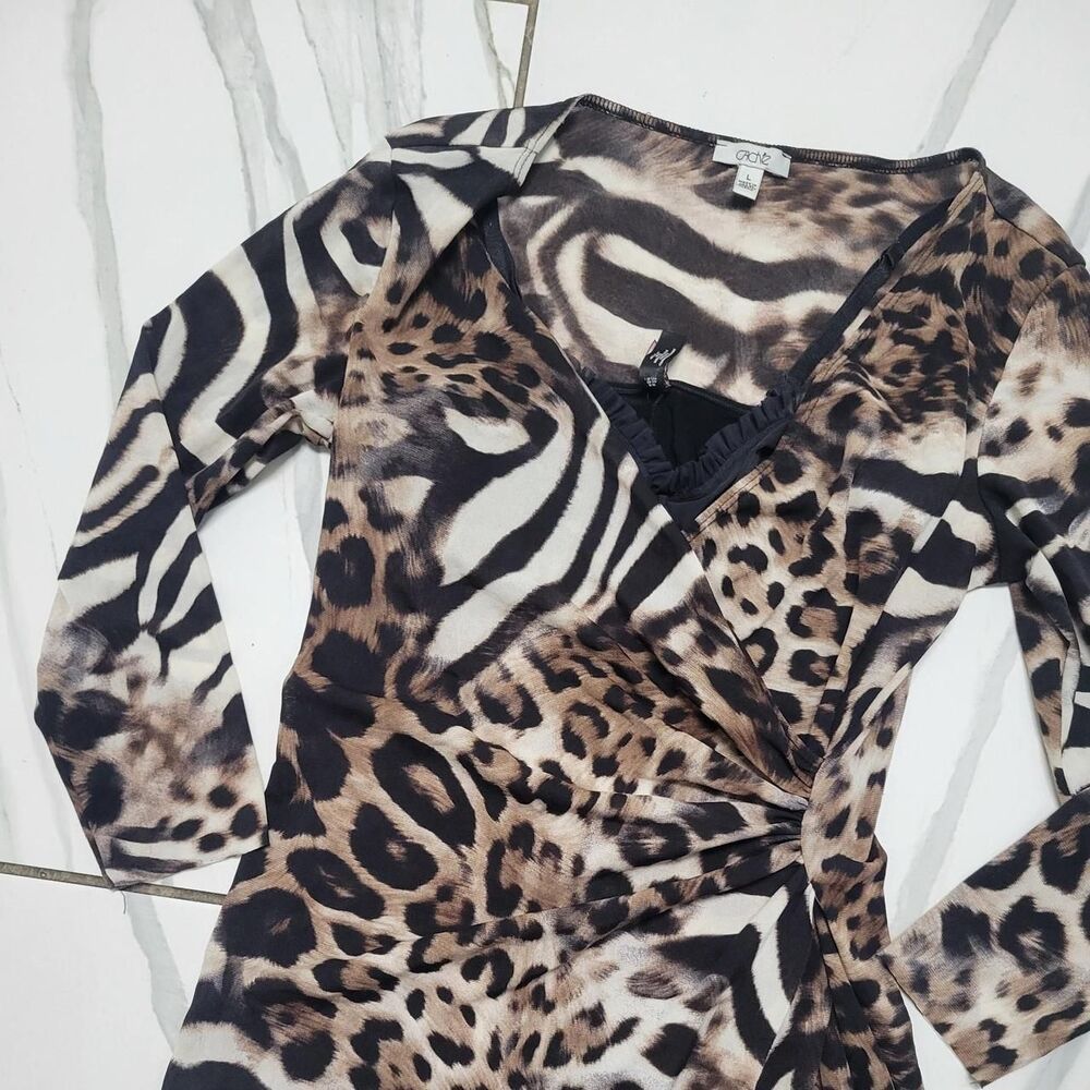 Cache Y2K Leopard Zebra Animal Print Ruched Top Mob Wife